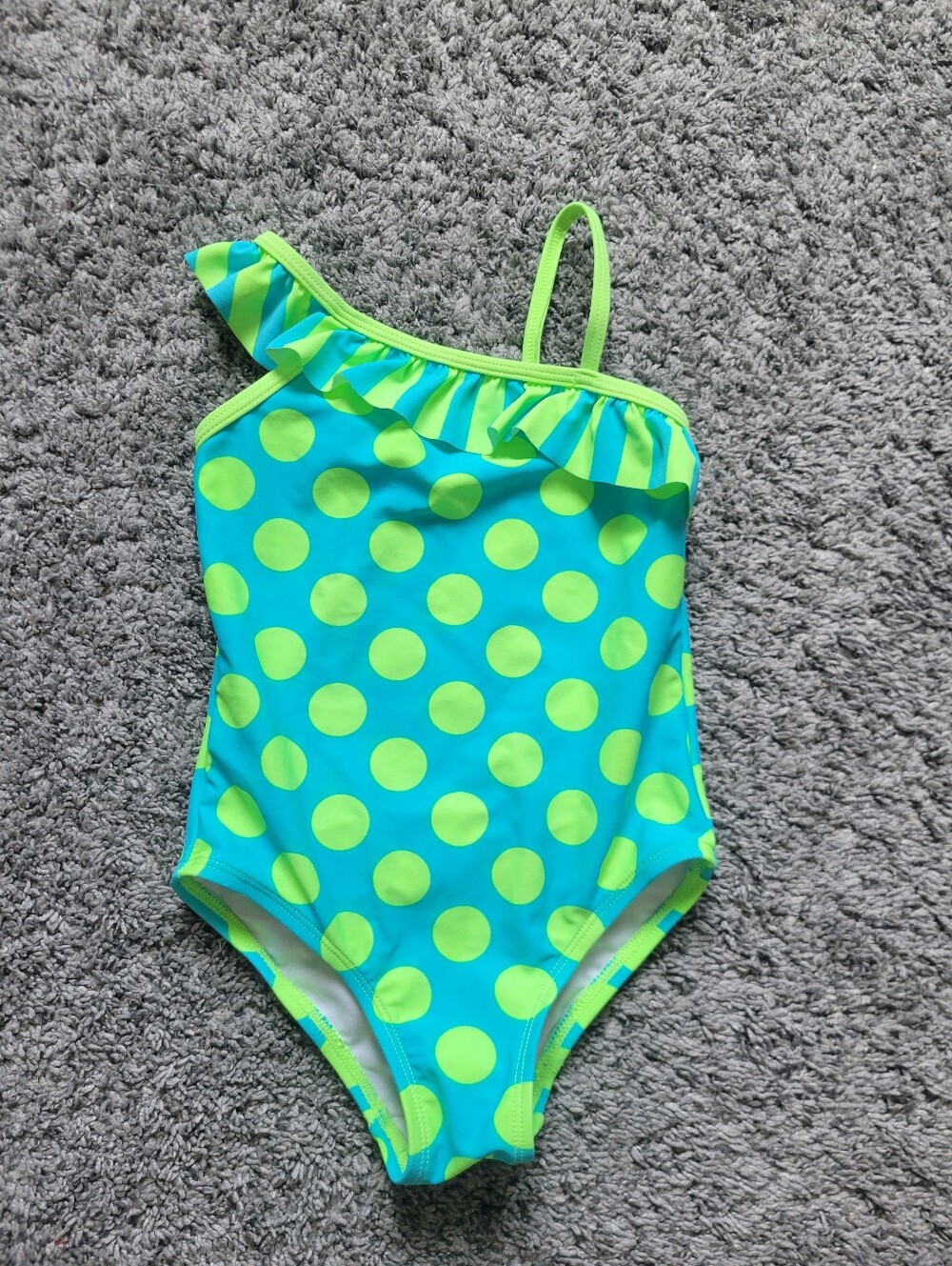 Girls' One-Shoulder Polka Dot Swim Suit in Aqua & Lime Size 5